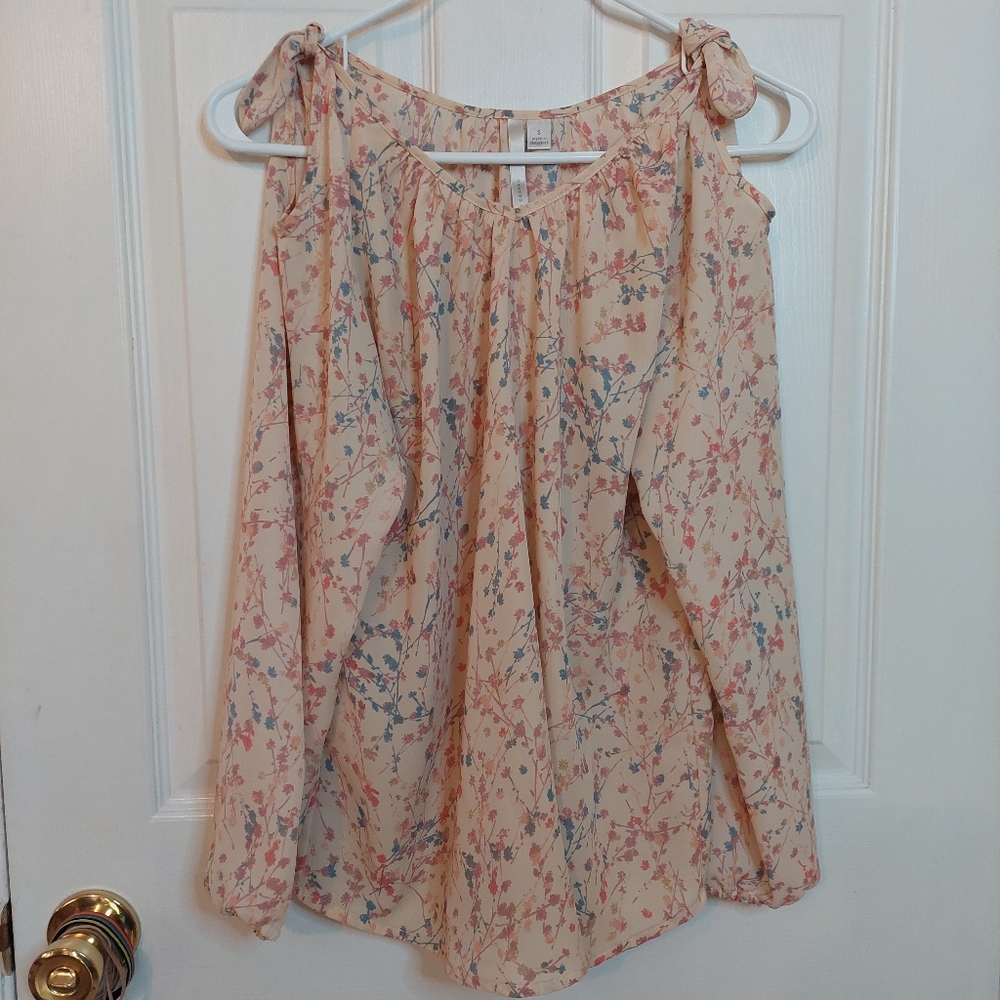 LC Lauren Conrad Tan Pink Floral Cold Shoulder Long Sleeve Top Cottagecore Sz S